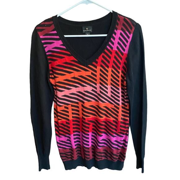Worthington Womens Sweater Medium V Neck Black With Red Purple Orange - Picture 1 of 8